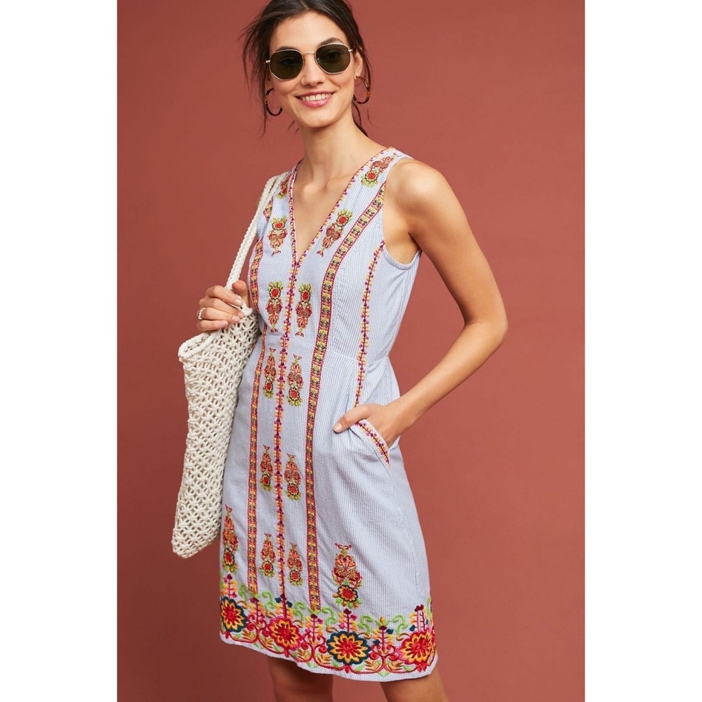 Anthropologie Maeve Madeline Blue Stripe Sleeveless Embroidered Shift Dress